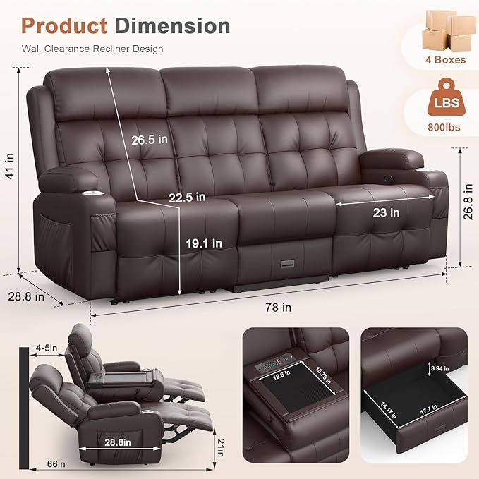 RV Loveseat Recliner Sofa, Built-in Power Strip, Massage Wall Hugger 3-Seater