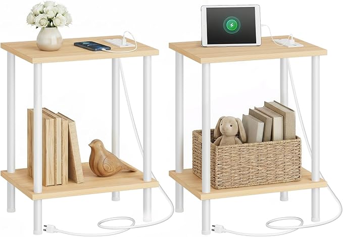 HOOBRO Side Table with Charging Station, Nightstand with 2-Layer Storage Shelves