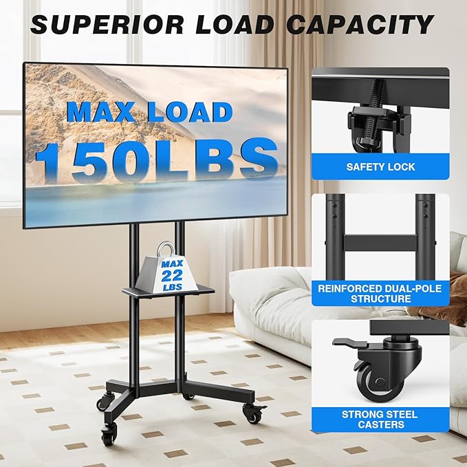 Rolling TV Stand with Shelf for 32-85 inch TVs up to 150lbs, Portable Mobile TV