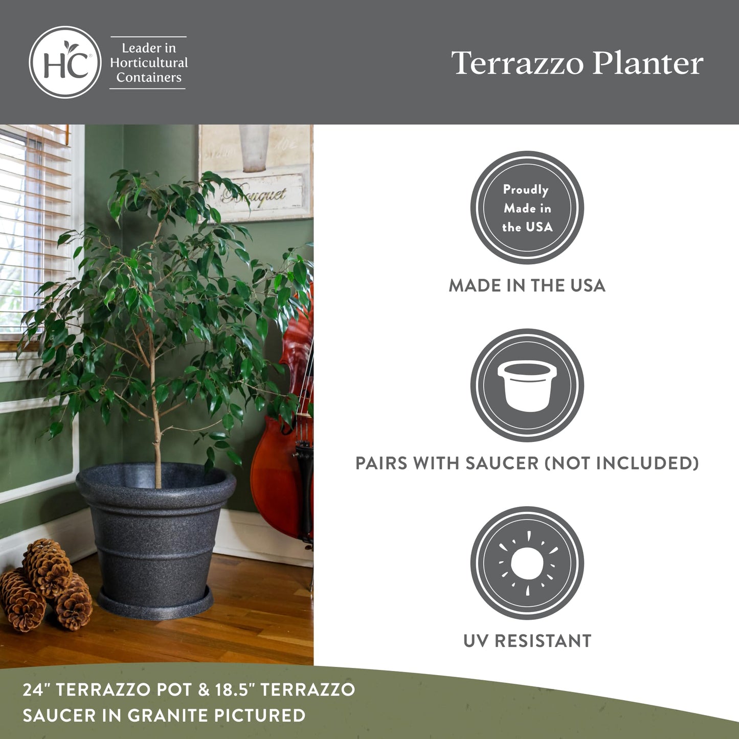 The HC Companies Terrazzo Large Round Plastic Plant Pot w/Rolled Rim - Lightweight & UV Resistant Gardening Pot for Herbs & More - Outdoor & Indoor Plant Pots w/Drainage (20”, Black, Pack of 2)