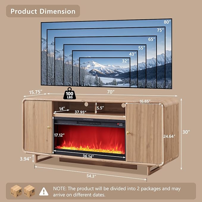 IFGET 70" Fluted Fireplace TV Stand