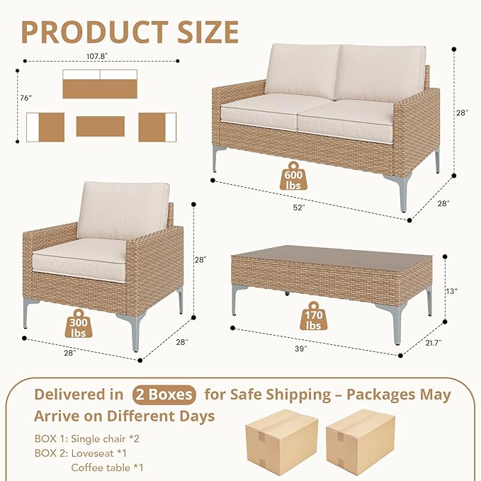 4-Piece Patio Furniture Set, Outdoor Wicker Sectional Sofa