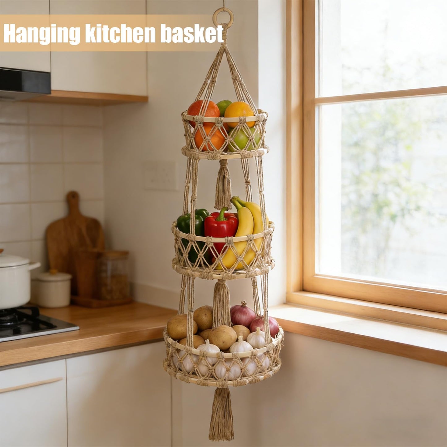 Halidali 3 Tier Hanging Fruit Baskets for Kitchen, Macrame Plant Hanger Cotton Rope Handwoven Hammock Produce Storage Organizer Basket for Plants Holder, Vegetable, Onion, Potato (Linen)