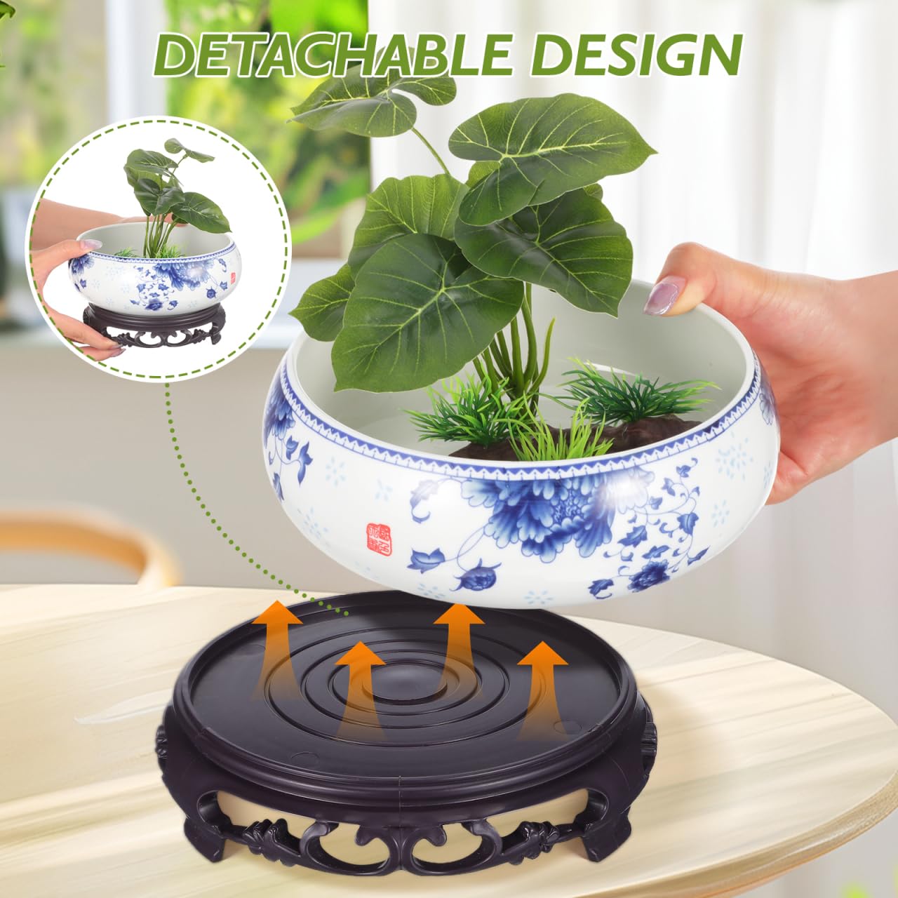 DOITOOL 7 Inch Lotus Bowl Planter Water Lily Pot with Stand, CactuSucculent Planters Cactus Hydroponic Container, Ceramic Blue and White Pots for Water Plants Lotus Flower Bonsai, No Drainage Hole