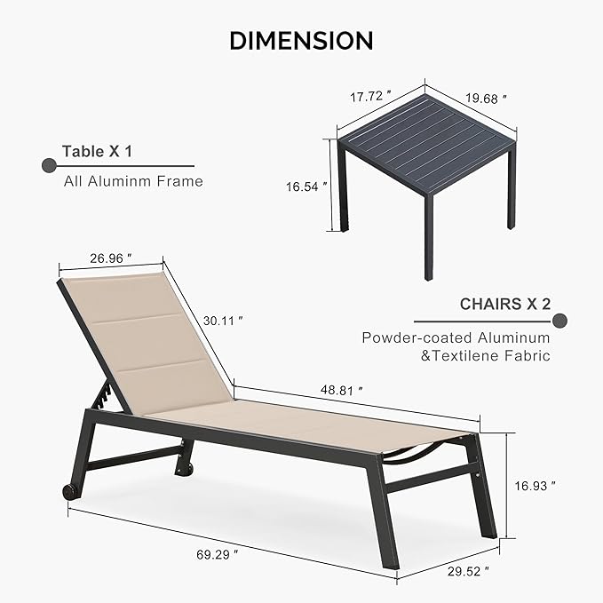PURPLE LEAF Extra Large Outdoor Chaise Lounge 4 Pieces Aluminum Patio Lounge
