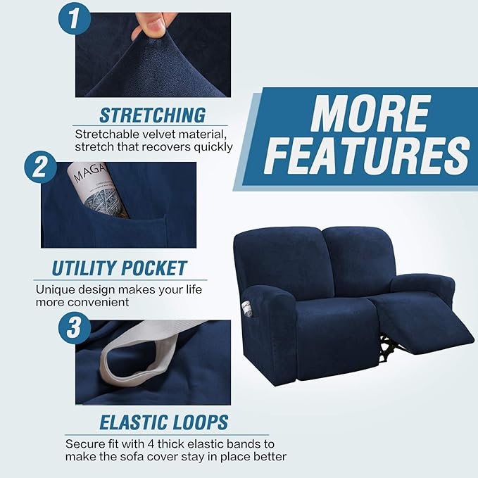 H.VERSAILTEX Velvet Stretch Recliner Couch Covers 6-Pieces Recliner Loveseat