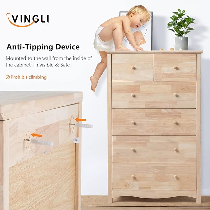 VINGLI Unfinished 6 Drawer Dresser, Natural Solid Wood Dresser Color DIY