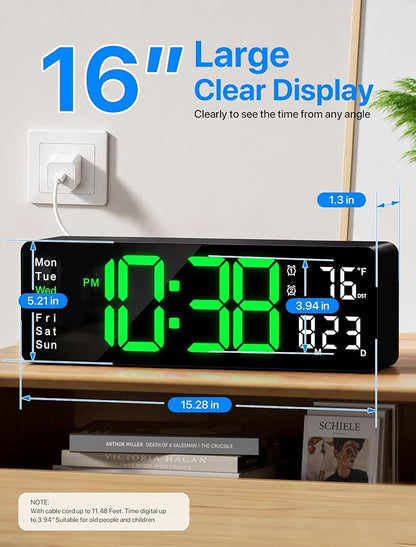 MASHI Digital Wall Clock, 16" Large Display Digital Clock with Remote Control, Auto-Dimming Wall Clock with Night Light, DST, Date Week,Temp for Living Room, Bedroom, Decor, Gift for Elderly