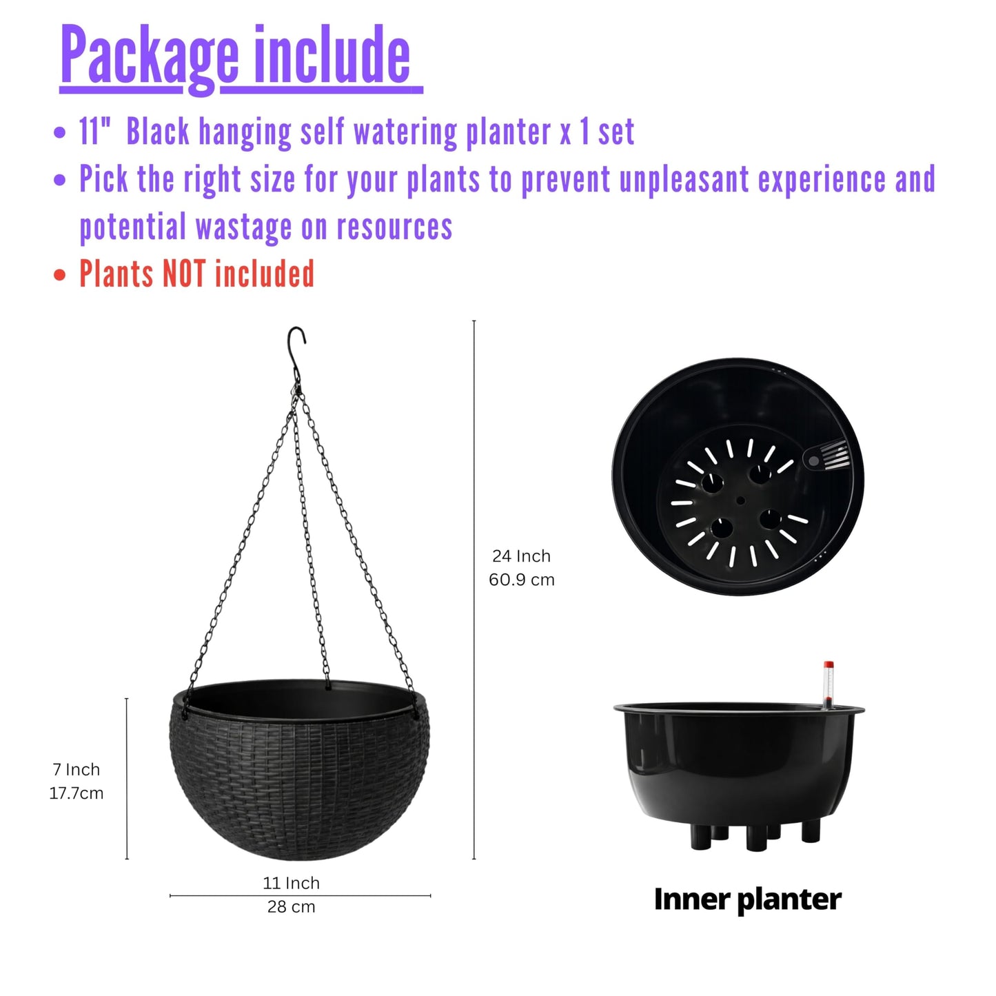LaLaGreen Indoor Hanging Planter (11 Inch, 1 Pack) Self-Watering Round Basket with Water Level Indicator, Rattan Style Flower Pot Black Metal Chain for Deck Porch Patio Garden Balcony Outdoor Decor