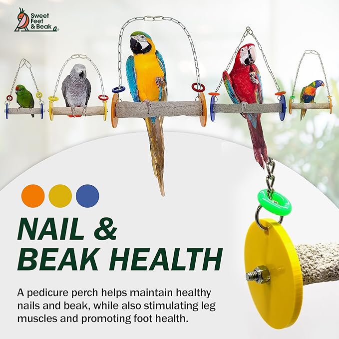 Sweet Feet and Beak Roll Bird Swing - Pumice Perch Bird Toys Trims Nails and Beaks, Safe Bird Cage Accessories for Small and Large Birds, Swinging Toys Birds Will Love, Large 10.5 Inches - Yellow