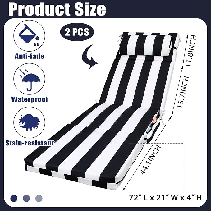Wenqik 2 Pcs Outdoor Chaise Lounge Cushion