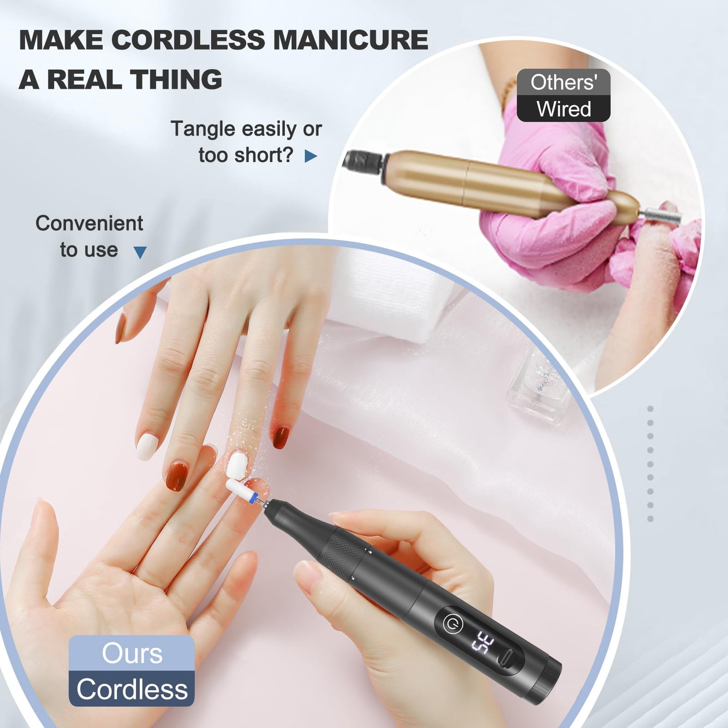 Cordless Nail Drill, 35000RPM Professional Efile Nail Drill Machine, LCD Display Rechargeable Portable Electril Nail Drill with 12pcs Bits and 6pcs Sanding Bands for Acrylic Nails Gel Polish Remover