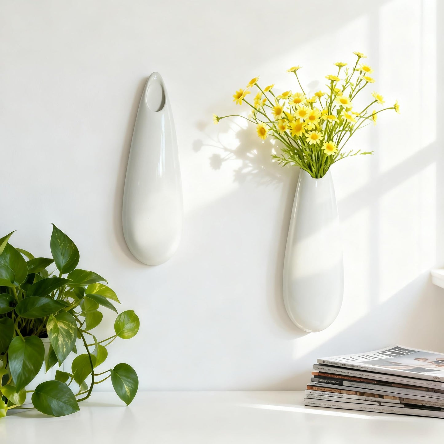 2 Pack White Ceramic Wall Vases,11.8 Inch Wall Hanging Plant Holder,Cubicle Modern Decor Plant Holder Vase for Indoor Plants, Hanging Propagation Flower Pots for Air Vases