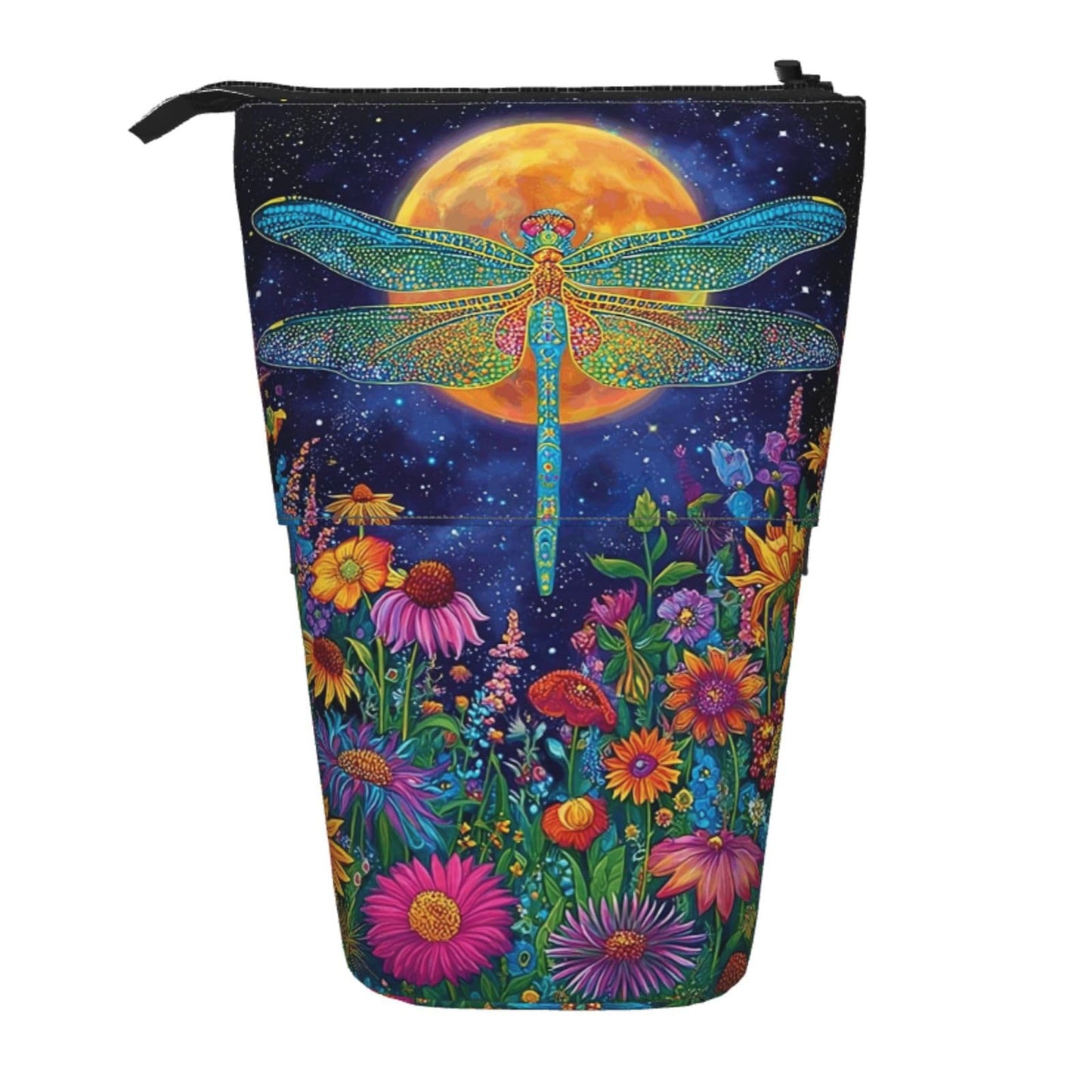 Tezmd Dragonfly Moon Standing Pencil Case Cute Telescopic Stationary Pouch with Zipper Large Capacity Stand up Pen Bag Portable Makeup Holder for School Office Supplies
