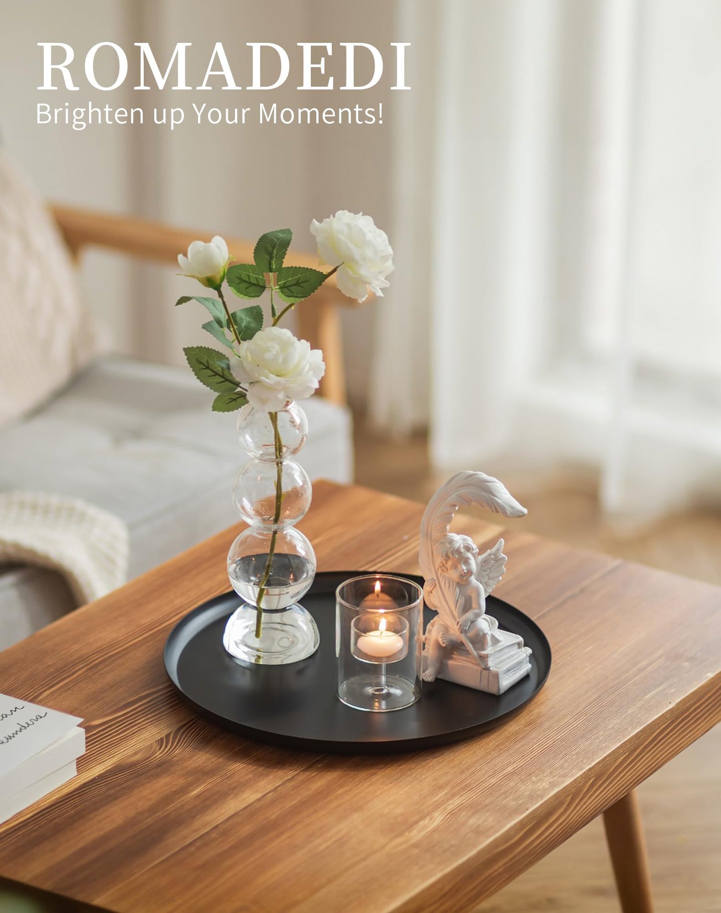 Romadedi Black Round Decorative Tray: Metal Candle Trays Decor for Coffee Table Centerpiece Large Modern Serving Tray for Kitchen Counter Farmhouse Home Decorations, 12.6 Inch
