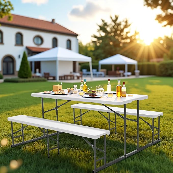 VINGLI Folding Picnic Table and Bench Set, Portable Outdoor Dining Furniture