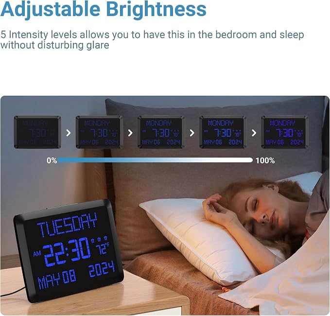11.5” Extra Large Digital Wall Clock with Date and Day of Week , Electric Desk Clock for Seniors, Large Display Alarm Clock for Bedroom with Battery Backup, 5 Dimmer, 2 USB Ports, Indoor Temp, 12/24H