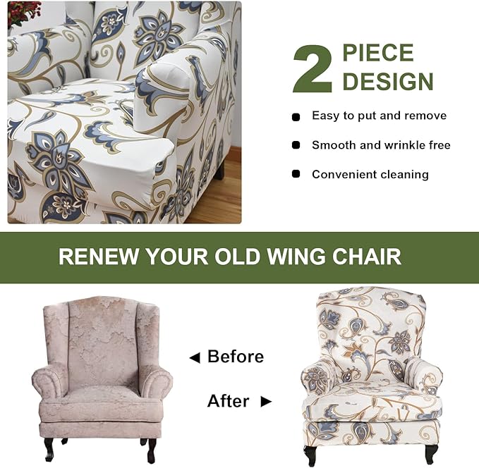 HAOYONG Wing Chair Slipcovers Printed Wingback Chair Covers 2 Pieces Wingback