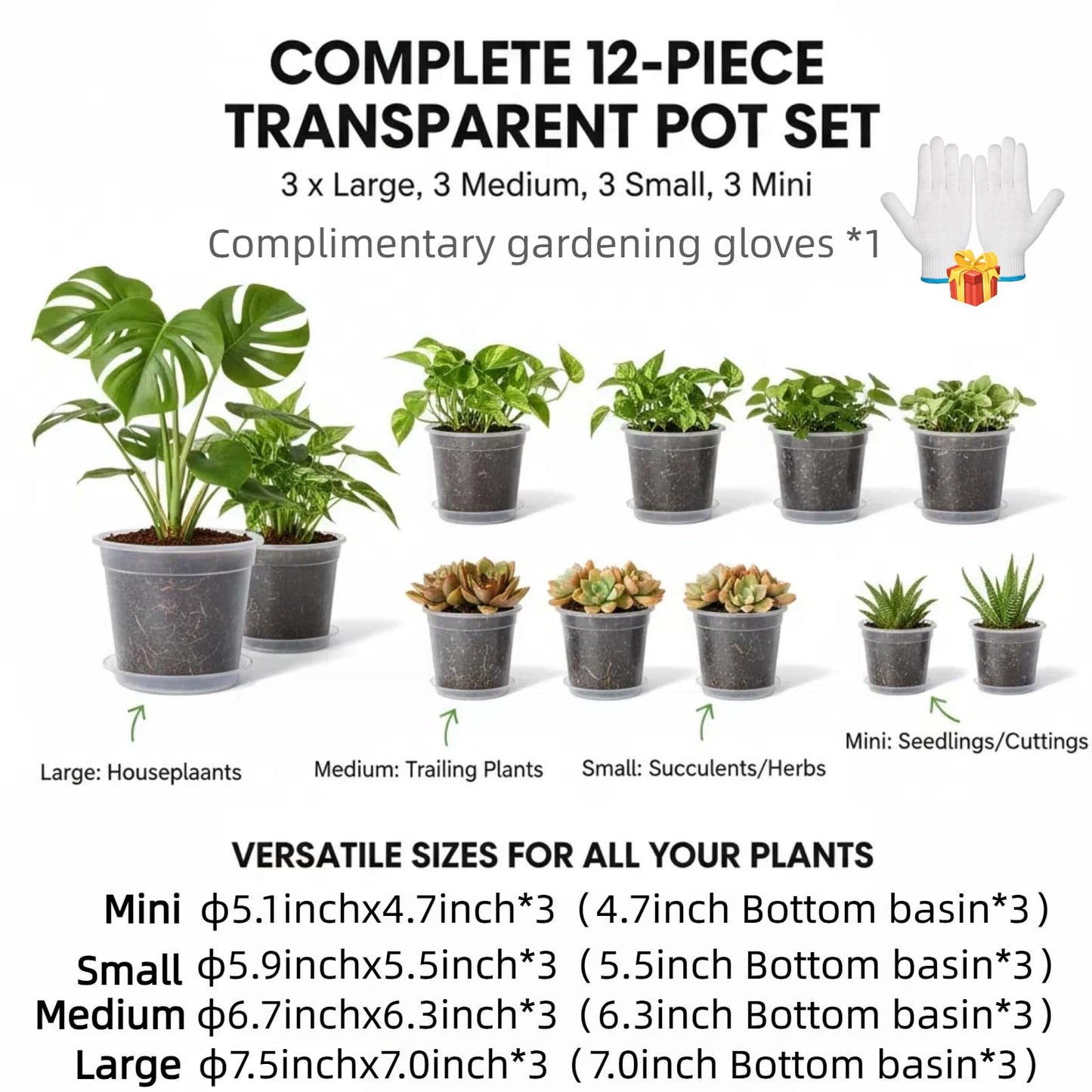 Vmeoap 12 Pack Clear Plant Pots with Saucers (5/6/7/7.5") - Extra Thick Transparent Plastic Nursery Pots for Orchids & Indoor Plants, Excellent Drainage Holes & Bonus Gardening Gloves