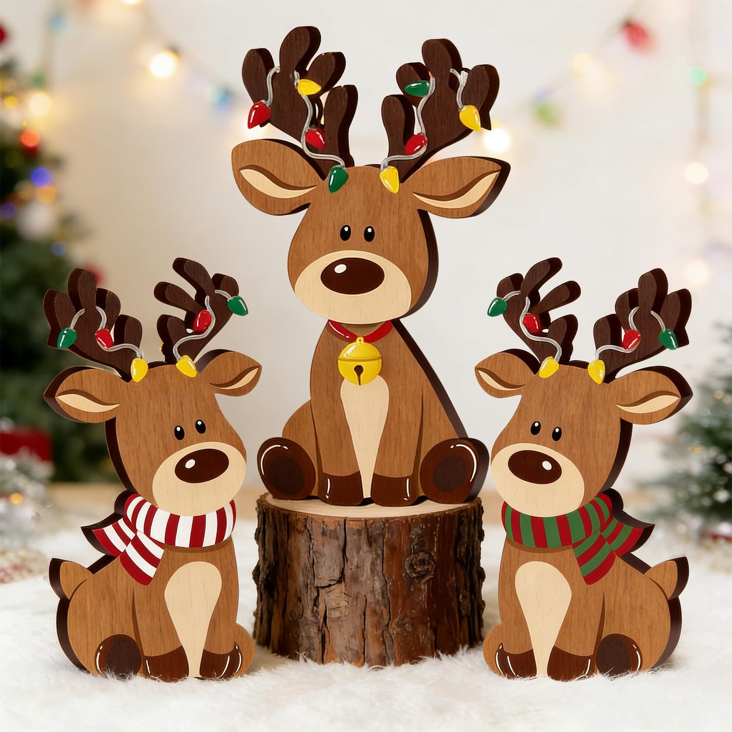 FYSUIMU 3 Pcs Christmas Wooden Signs Xmas Reindeer Wood Tabletop Signs Elk Desktop Centerpieces for Farmhouse Home Tiered Tray Shelf Cabinet Table Decor