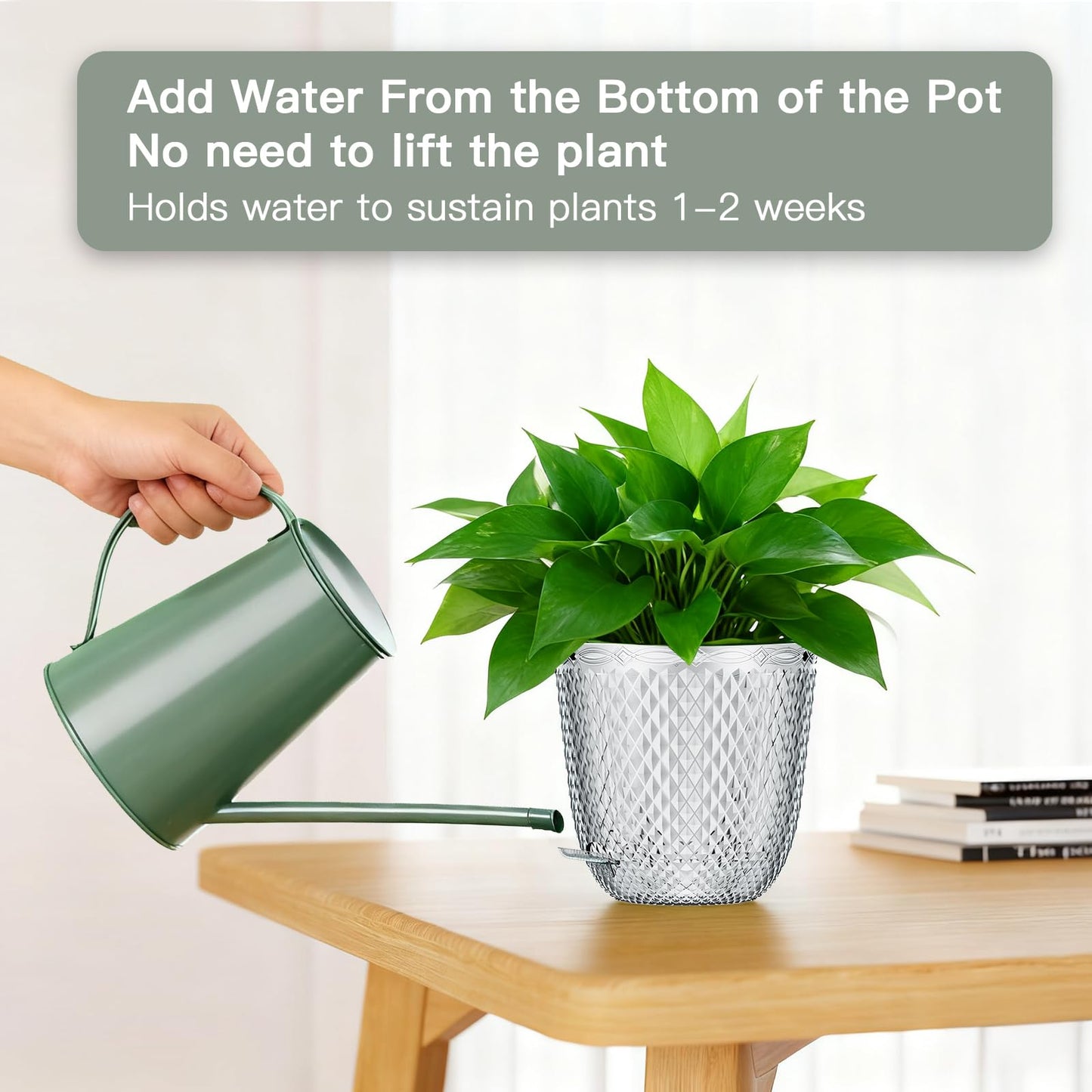 QCQHDU 2 Pack Self Watering Pots, 7.2 Inch Flower Pots with Drainage Holes and Water Filling Port, Plastic Garden Planter for Indoor Outdoor Plants (Clear)