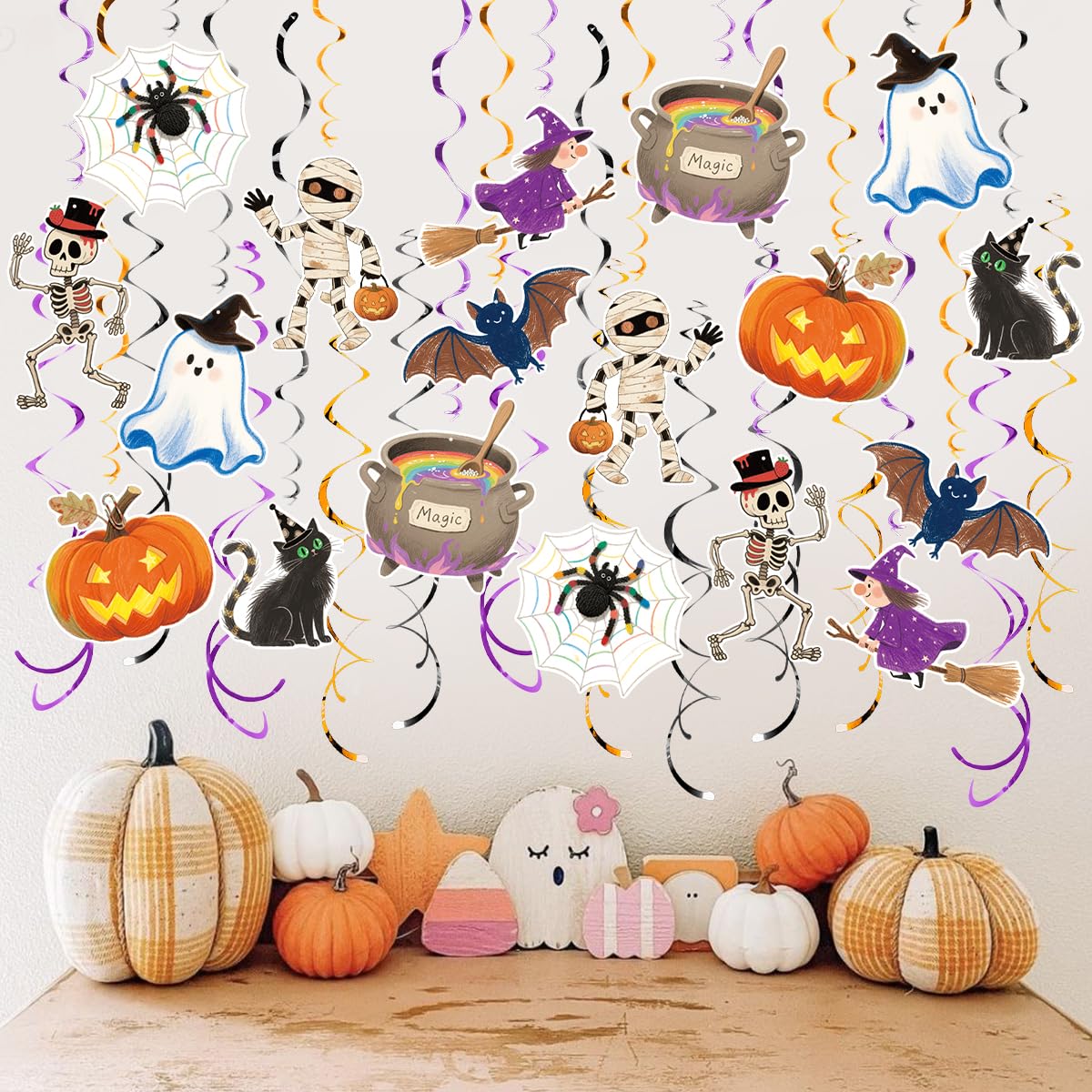 30Pcs Halloween Hanging Swirl Decorations Pre-Assembled Ceiling Streamers with Ghost Pumpkin Spider Skull Cutout Decor for Halloween Birthday Party Baby Shower Office School Home Decorations