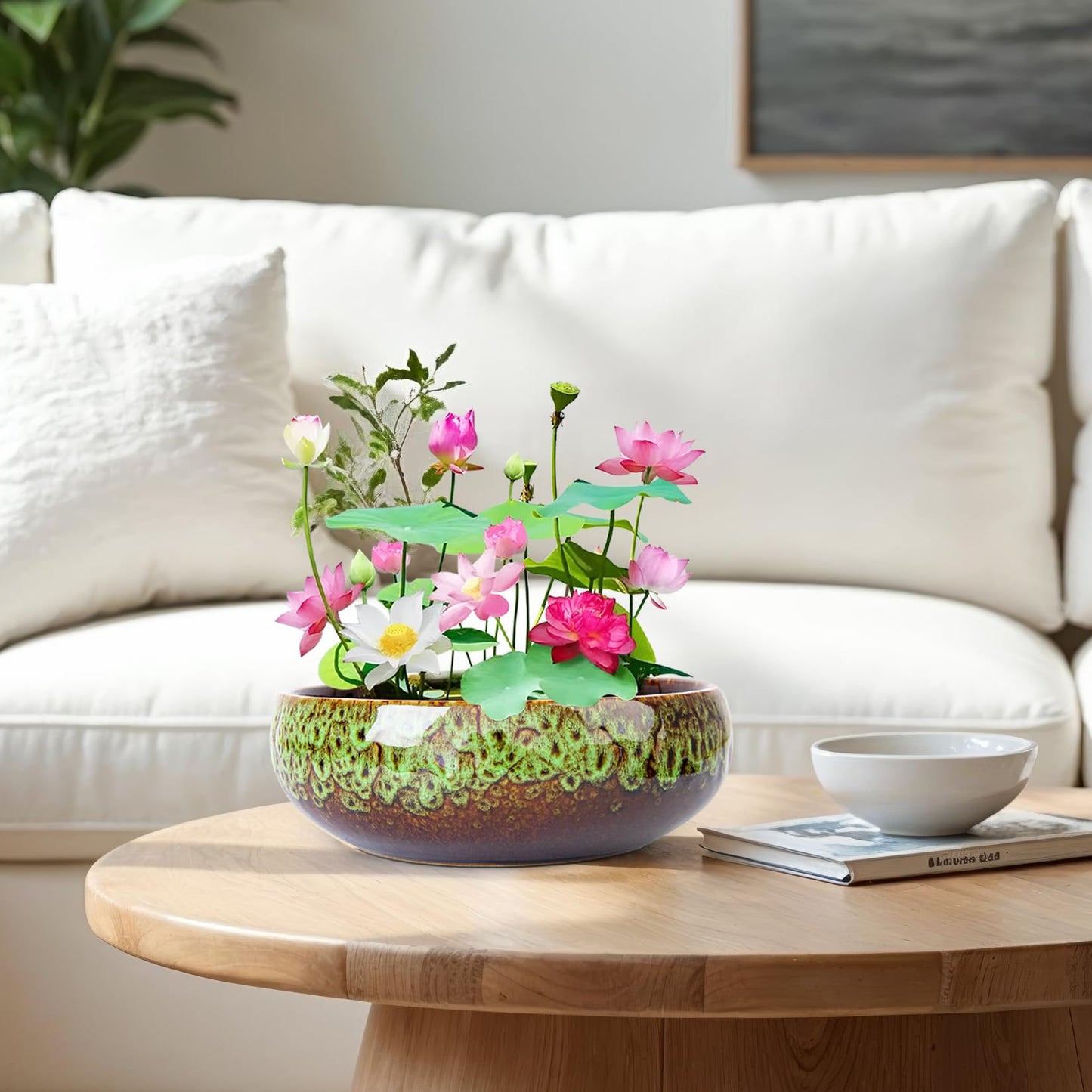 ARTKETTY Lotus Bowl Planter - 8 Inch Large Lotus Flower Bowl for Water Plants, Ceramic Bonsai Bowl for Hydroponic Plant Succulent Plants Indoors Outdoor