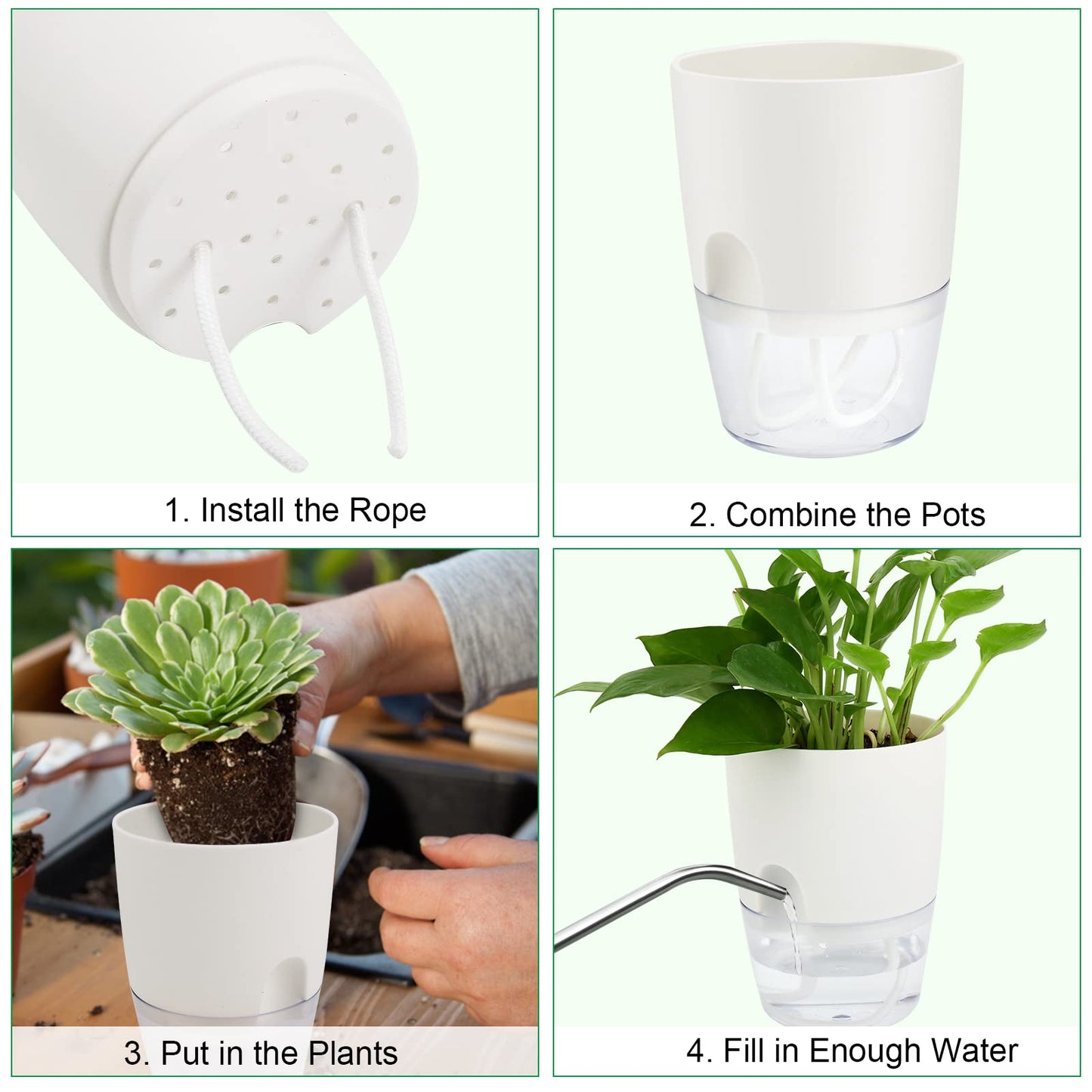 ShineMe Self Watering Pots, 5 Pack Self Watering Planters for Indoor Plants, 4.1 inch Plastic Plant and Flower Pots for African Violets, Herbs, Aloe, Peace Lily with Absorbent Cotton Rope