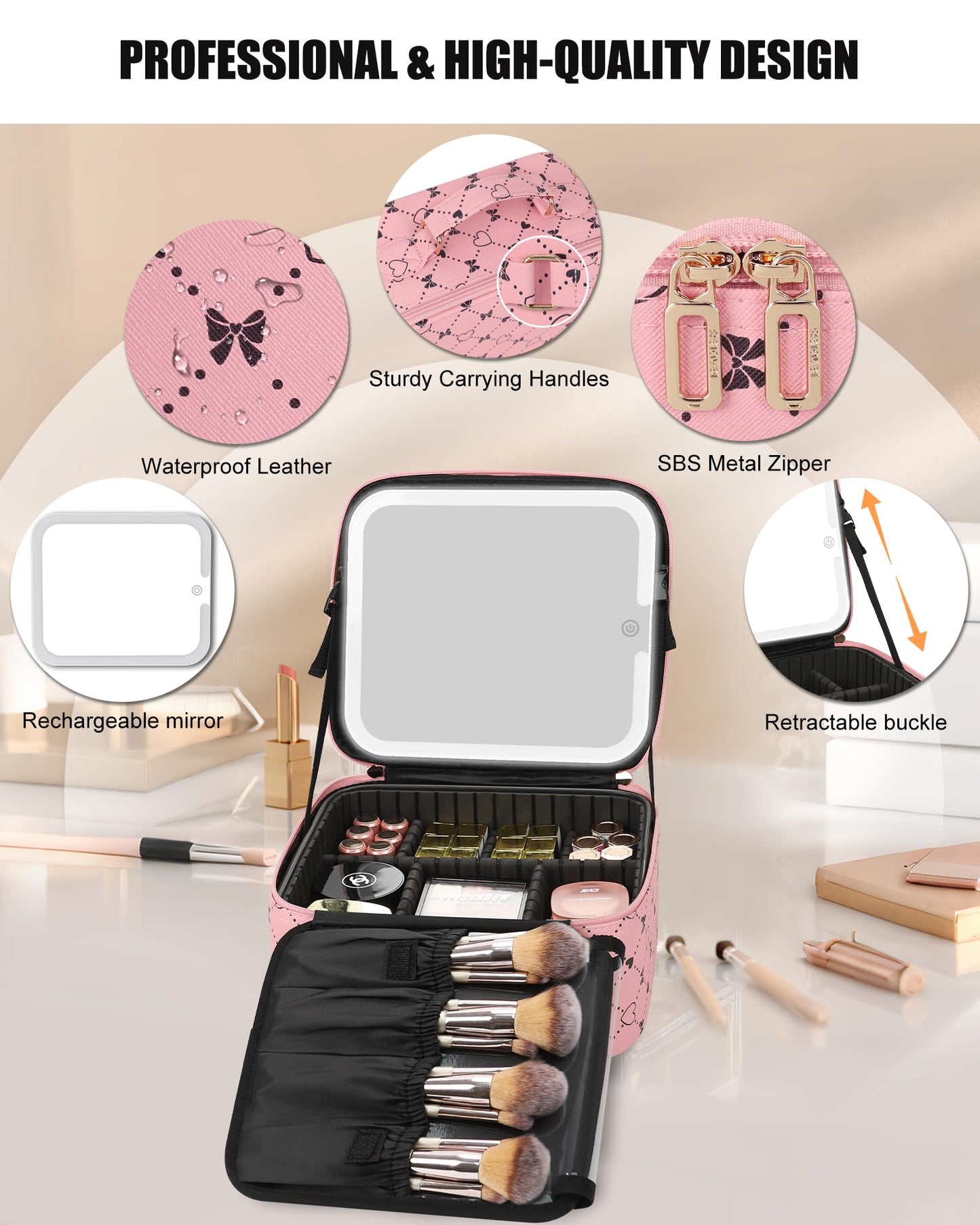 Relavel Travel Makeup Bag With LED Mirror, Cosmetic Train Case with Light up Mirror, Portable Makeup Artist Organizer Bag with Adjustable Dividers, Makeup Brush Holder Storage, Black