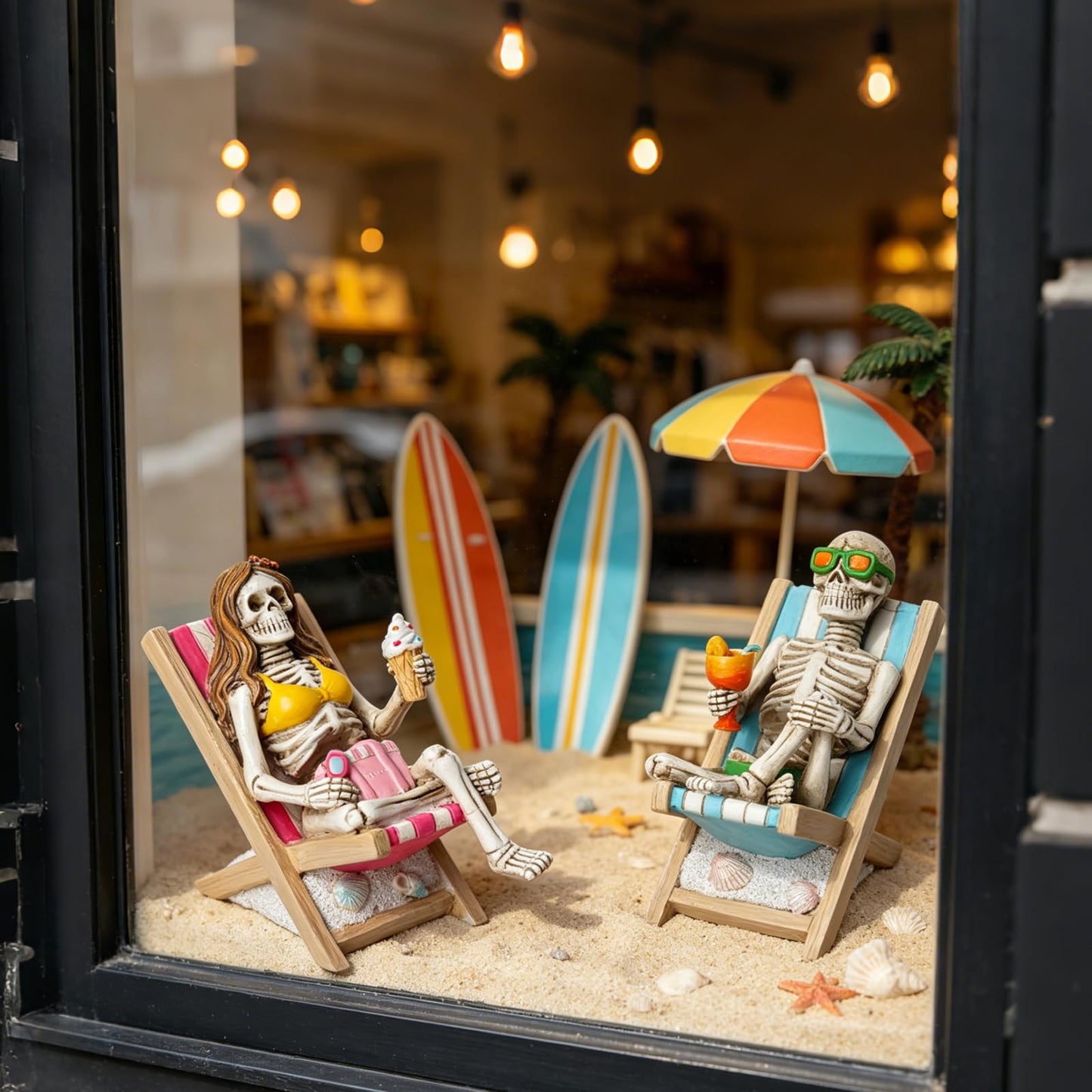 Summerween Skeleton Summer Decor - Resin Set of 2 Skeletons Summer Decorations for Home Tropical Themed Collectible Figurines for Beach Halloween Party & Home Decor Accents 2 x 4 x 4 Inches DiliComing