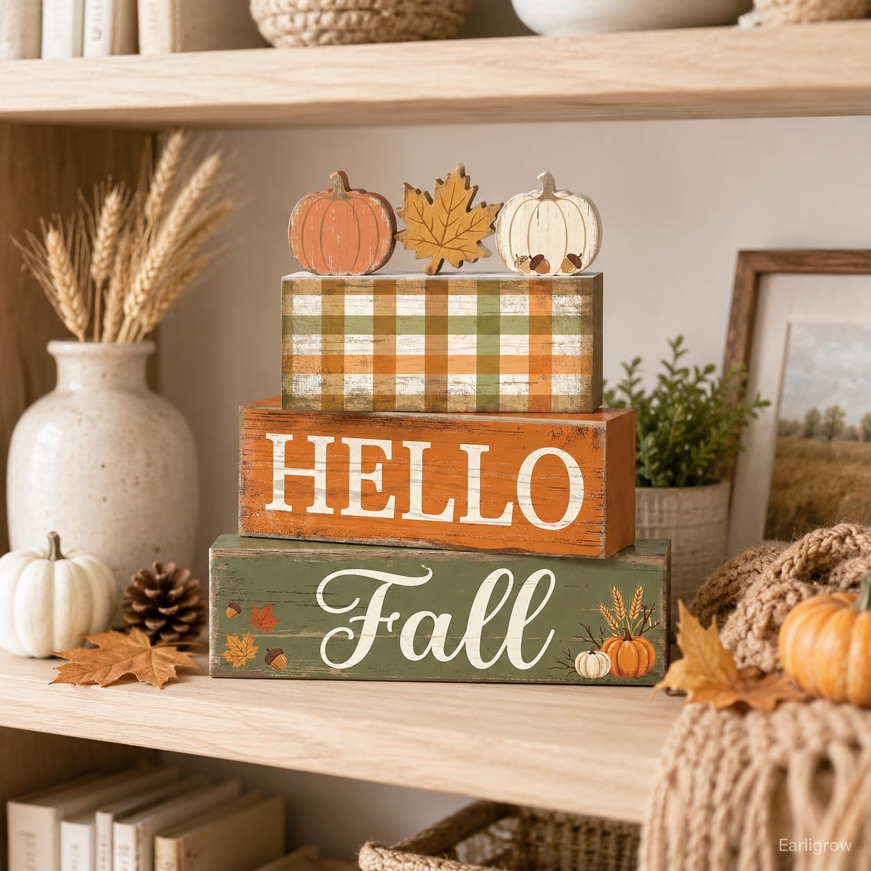 4 Pcs Fall Table Decorations, Hello Fall Tiered Tray Decor, Farmhouse Wooden Block Signs with Pumpkin & Maple Leaf, Rustic Buffalo Plaid Thanksgiving Tabletop Centerpiece for Home Kitchen Shelf