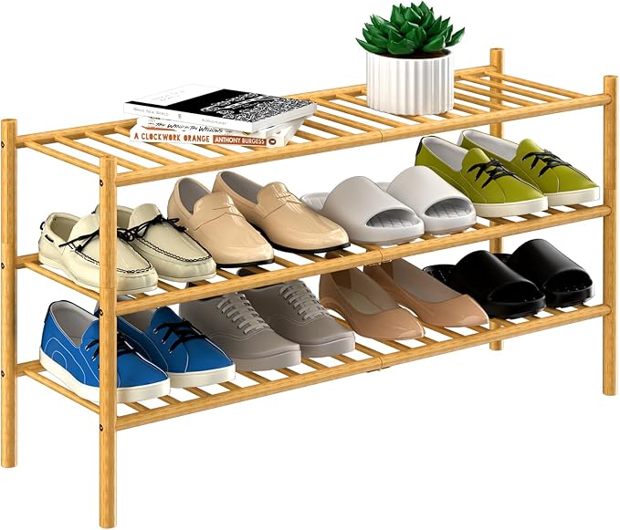 ROMGUAR CRAFT 3-Tier Bamboo Long Shoe Rack, Free Standing Wood Shoe Shelf