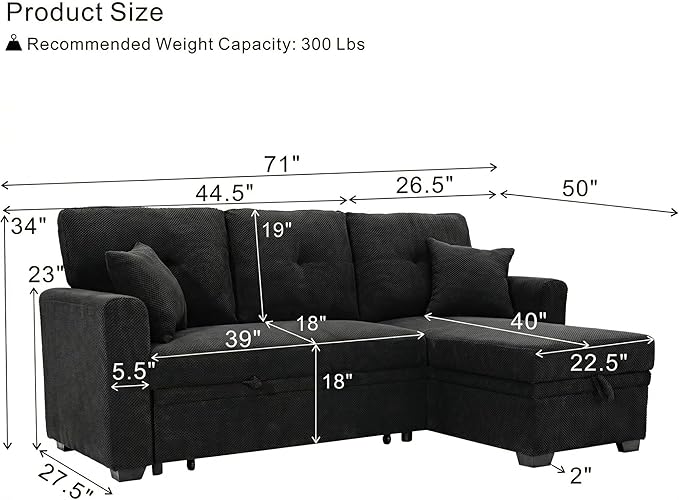 L Shaped Sectional Couch with Storage and Pull Out Bed, 3 Seater Sleeper Sofas