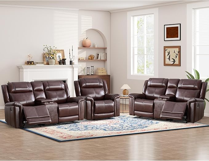 ANJ Premium Genuine Manual Reclining Sofa Set, Included Single Recliner Chair