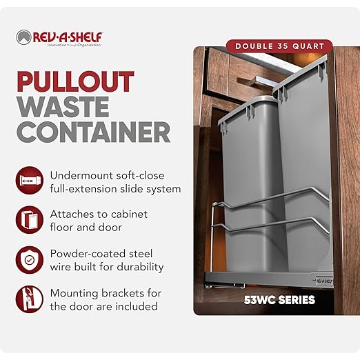 Rev-A-Shelf Double 35 Qt Pullout Trash Cans with Soft-Close for Under Kitchen Cabinets, Min Opening Width of 14.5", Metallic Silver, 53WC-1835SCDM-217