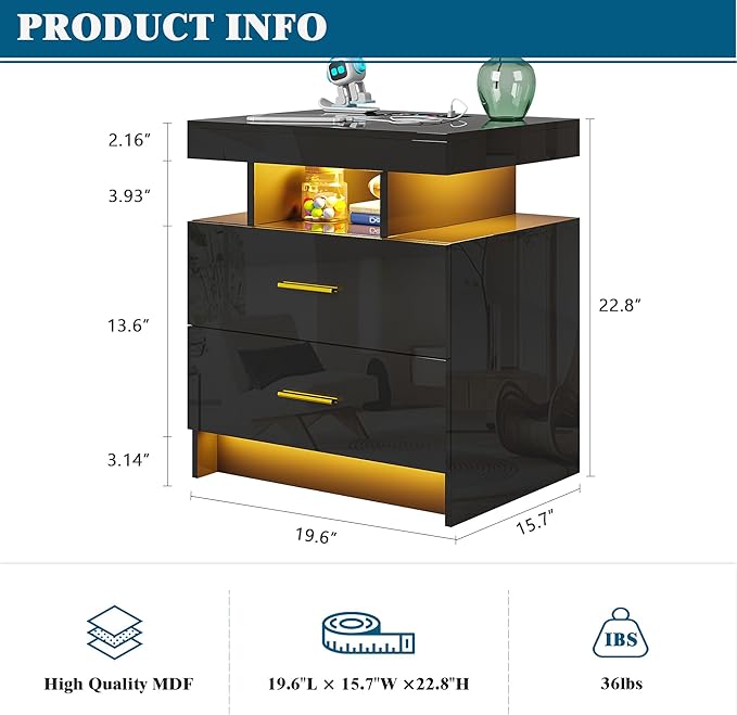 WOOVIVS Night Stand with Light, High Gloss Nightstand with USB/Wireless