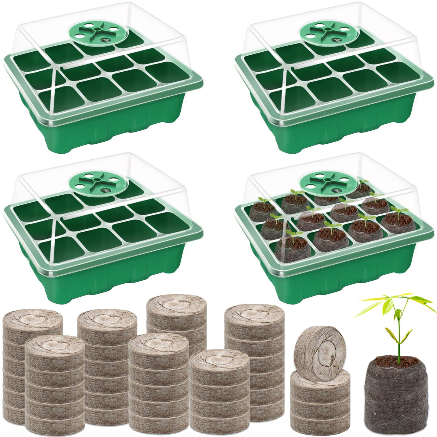Halatool 4 Pack Seed Starter Tray with 50 PCS Peat Pellets, 48 Cells Green Seeding Starter Trays for Organic Seed Starter Soil Pods for Planting Vegetables Plants Flowers - Starting Seeds Kit