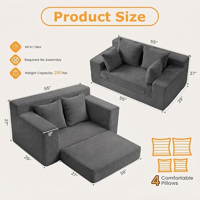 Winzon Boneless Loveseat, 3 in 1 Convertible Sofa Bed Sleeper Sofa Floor Futon