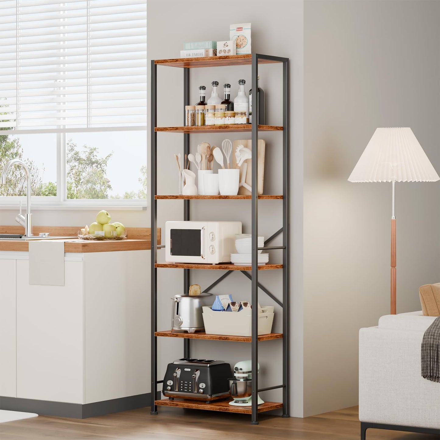 Furologee 6 Tier Book Shelf, Tall Wide Bookshelf, Industrial Open Bookcase, Display Shelves Storage Organizer, Shelving Unit for Living Room, Home Office, Bedroom, Rustic Brown