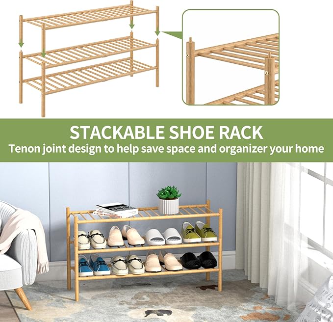 ROMGUAR CRAFT 3-Tier Bamboo Long Shoe Rack, Free Standing Wood Shoe Shelf