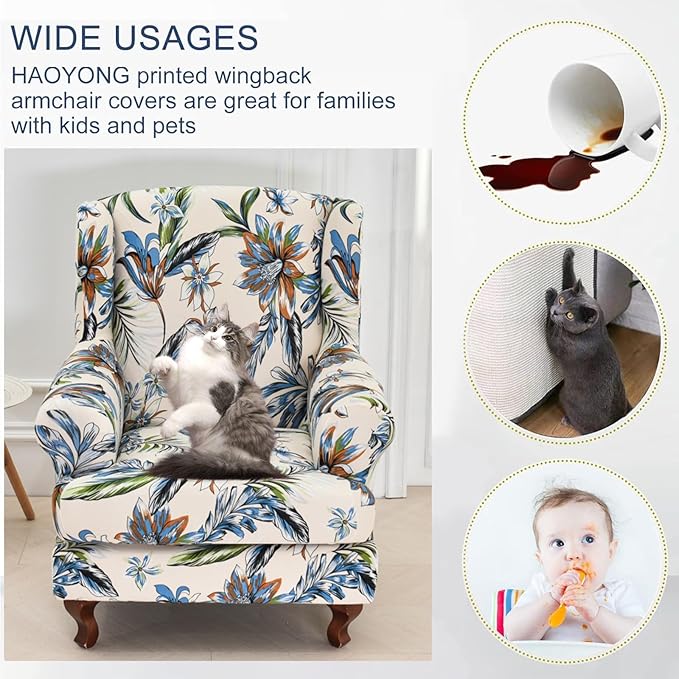 HAOYONG Wing Chair Slipcovers Stretch Wingback Chair Covers Printed 2 Pieces