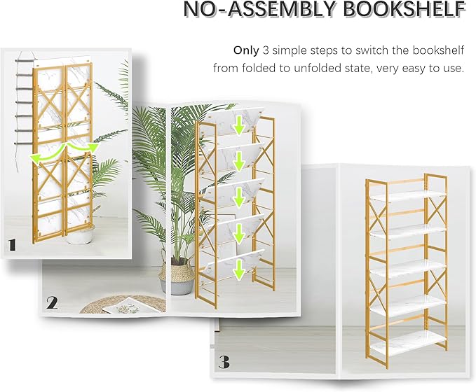 4NM 5 Tiers No Assembly Book Shelves, 51.2" H Folding Bookshelf Bookcase Open