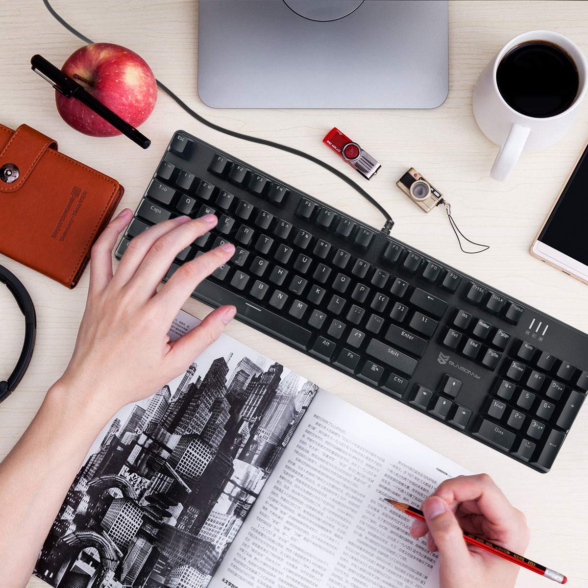Ice Blue Backlit Mechanical Keyboard with Brown Switches and 104 Keys Layout - Hot Swappable, Wired Gaming Keyboard