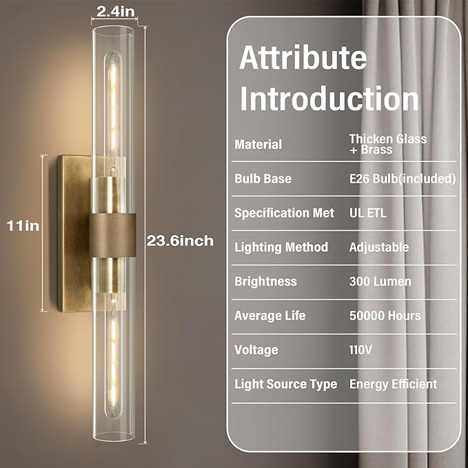 Wall Sconces Set of Two, Gold Bathroom Sconces Wall Lighting with Clear Glass, Modern Sconces Wall Decor Light Fixtures for Bathroom Mirror Living Room Hallway Bedroom