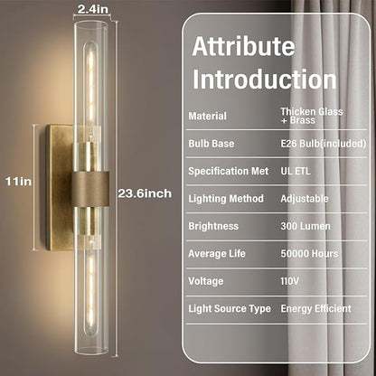 Wall Sconces Set of Two, Gold Bathroom Sconces Wall Lighting with Clear Glass, Modern Sconces Wall Decor Light Fixtures for Bathroom Mirror Living Room Hallway Bedroom