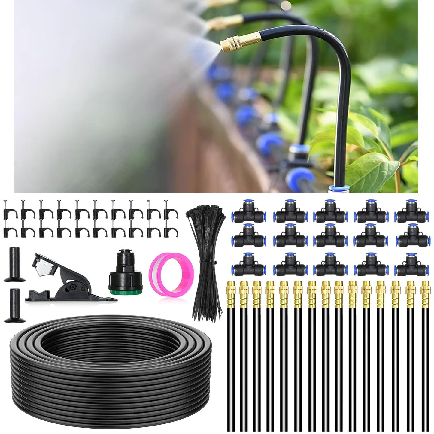 50Ft Drip Irrigation System 360°Adjustable Atomizing Copper Nozzle Irrigation System for Garden Watering System 5/16"Bendable Drip Irrigation Kit for Garden Yard Lawn Plants (50FT)