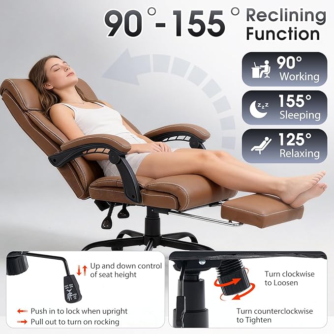High Back Office Chair with Footrest, 155° Reclining Leather Comfy Desk Chair