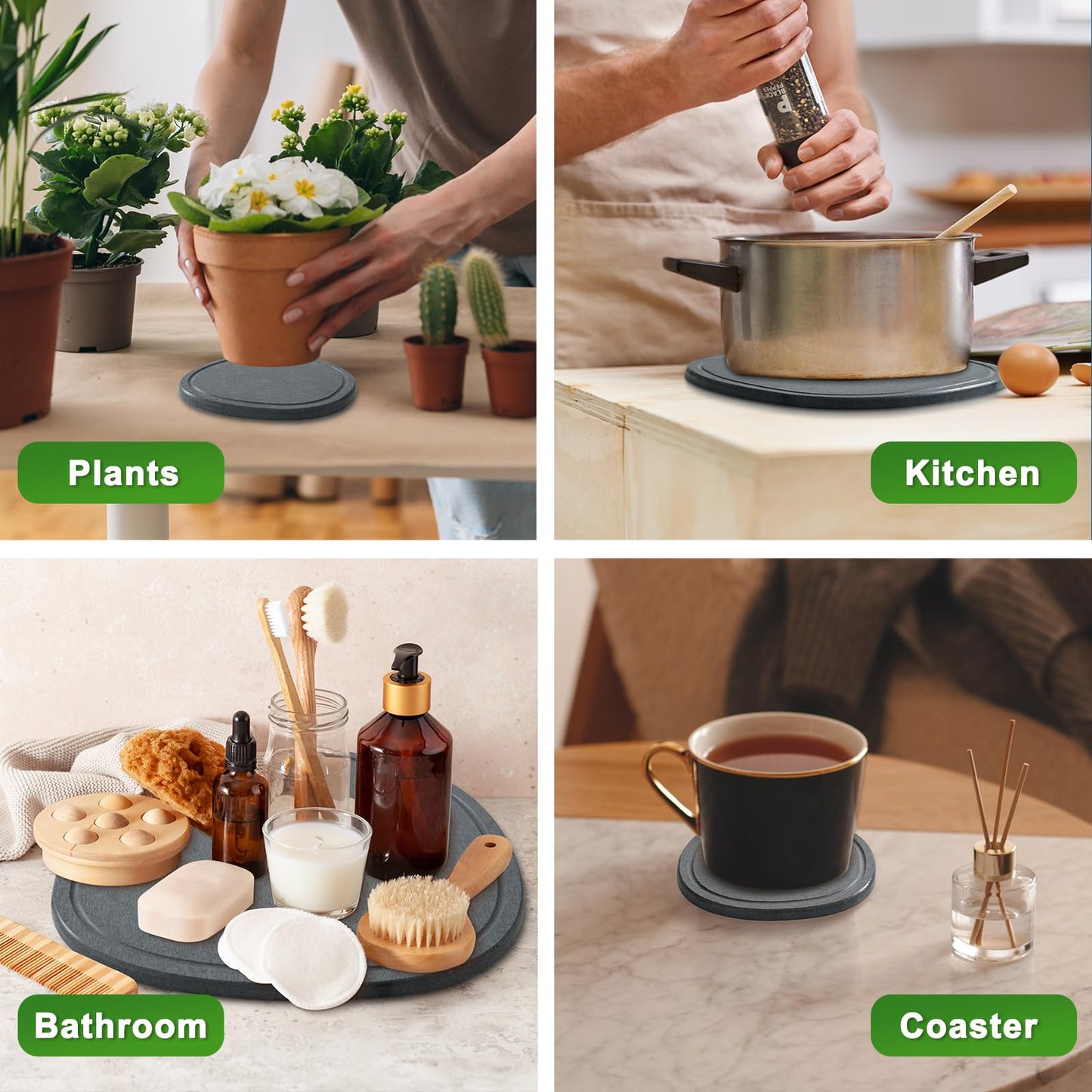 XRzitky 10 Inch 2 Pack Diatomaceous Earth Plant Pot Saucers Trays for Indoors No Holes, Diatomite Plant Drip Water Catcher Tray for Pots, Planter Drainage Saucers Plates to Catch Water, Deep Grey