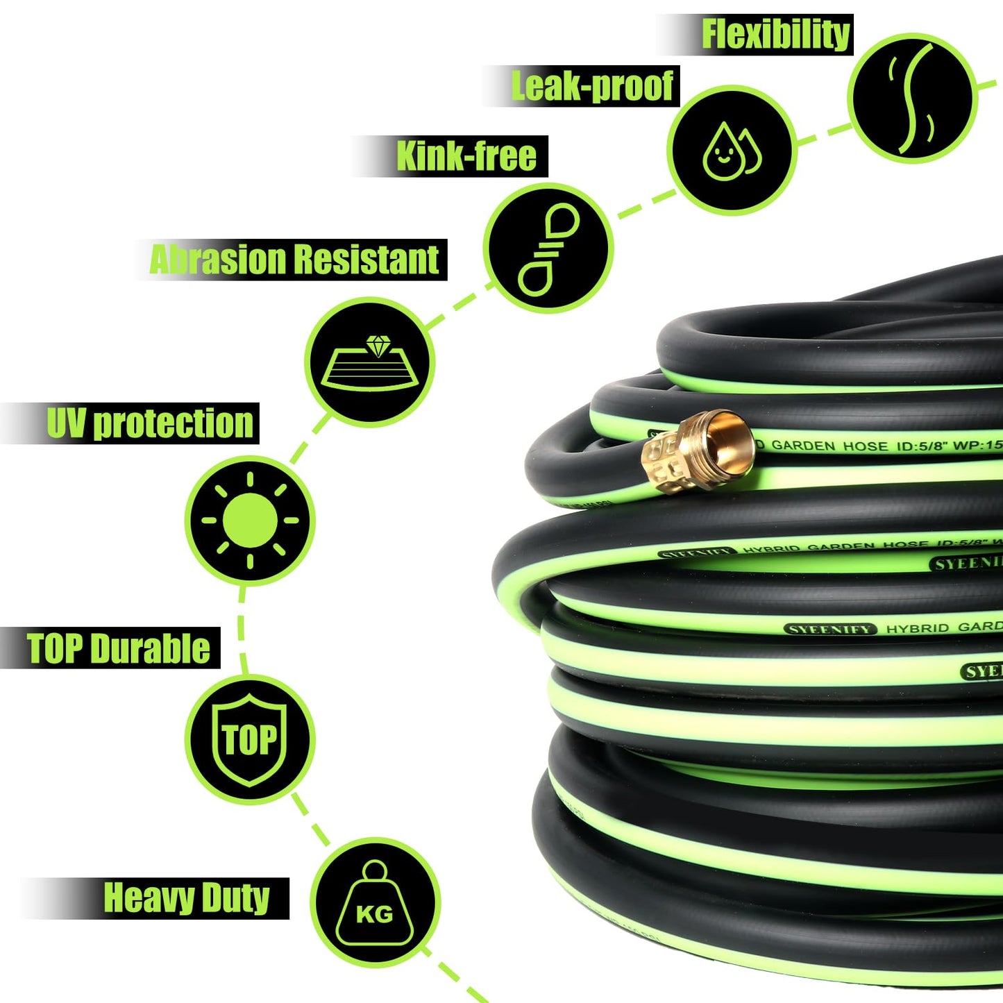 SYEENIFY Kink Free Garden Hose 100ft 5/8", Heavy Duty Hybrid Water Hose, Ultra Durable Flexible Rubber Hose with Sprayer Nozzle,Leakproof Yard Outdoor Hose with Brass Solid Connector