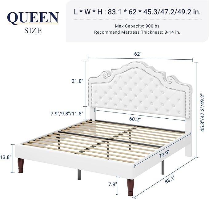 Allewie Queen Bed Frame with Adjustable Velvet Tiara Headboard, Upholstered